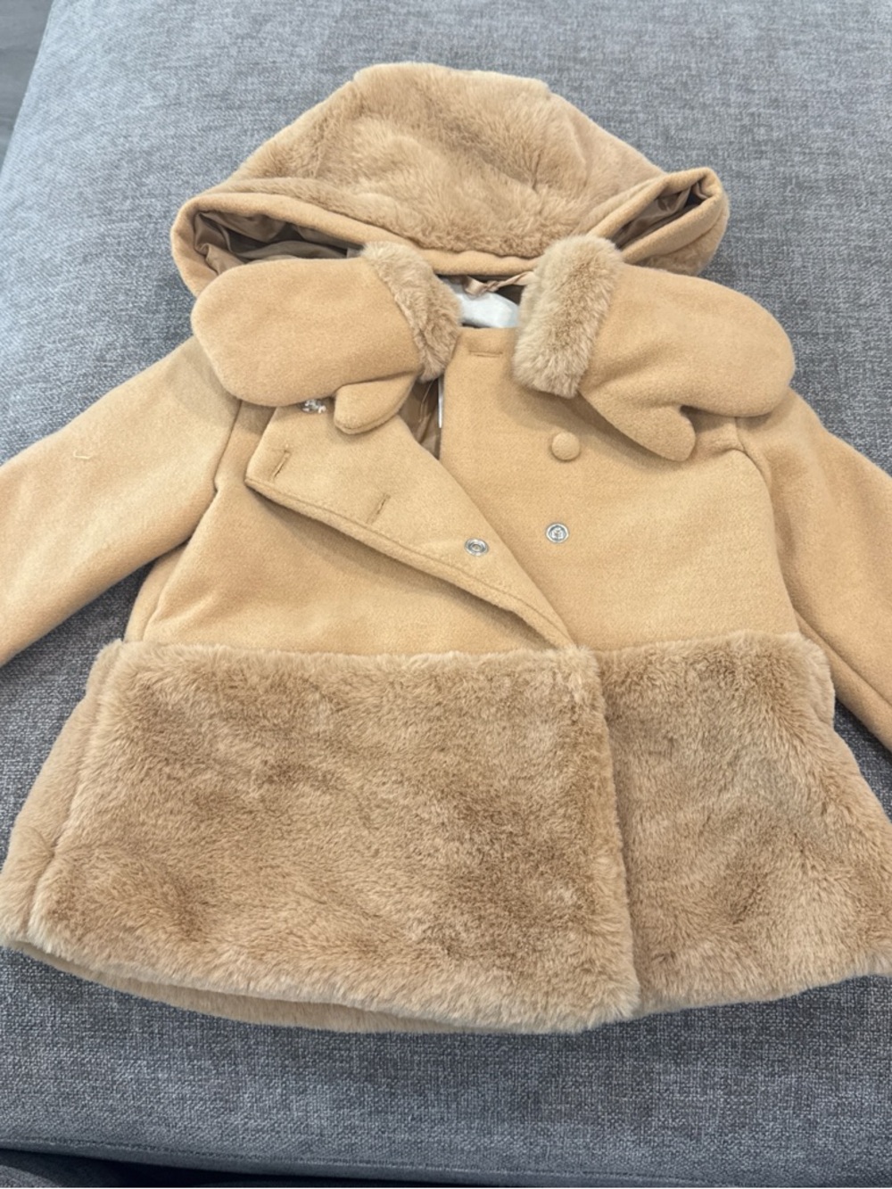 Max Studio Girls' Faux Fur Trim Hooded Pea Coat - Camel